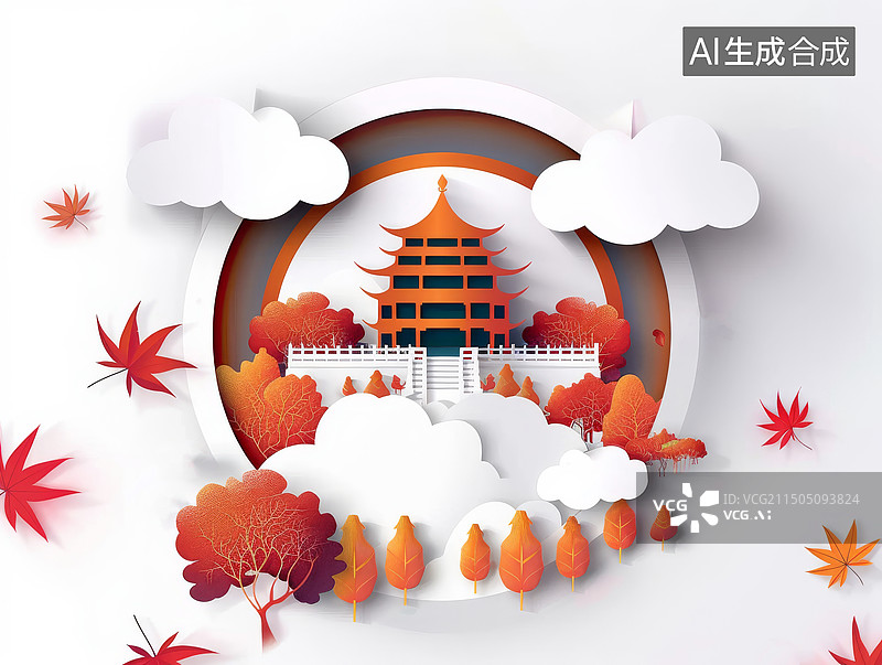 【AI数字艺术】亭台楼阁塔楼剪纸风插画图图片素材