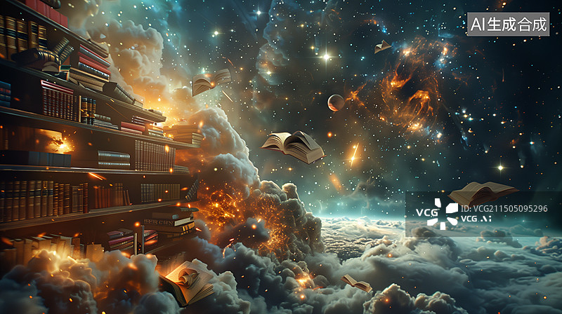 【AI数字艺术】图书馆书籍漂浮悬浮宇宙星云星河魔法魔术奇幻梦幻唯美创意设计艺术插画图片素材
