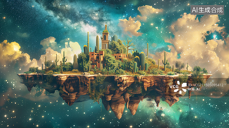 【AI数字艺术】仙人掌岛屿悬浮空中岛屿大自然梦幻唯美创意设计艺术插画图片素材