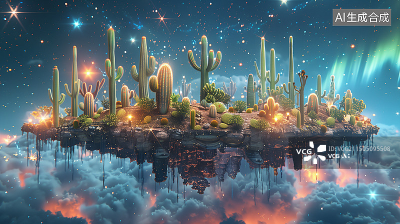 【AI数字艺术】仙人掌岛屿悬浮空中岛屿大自然梦幻唯美创意设计艺术插画图片素材
