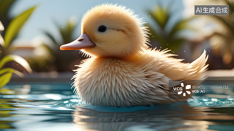 【AI数字艺术】一只在游泳池里游泳的黄色小鸭子，水面上一只可爱的小鸭，萌系，治愈系图片素材