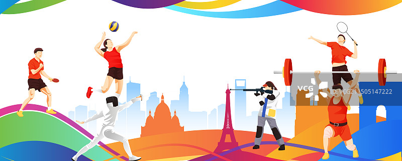2024巴黎奥运会中国运动员人物矢量插画海报图片素材