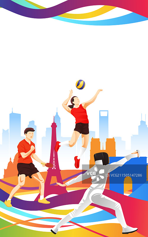 2024巴黎奥运会中国运动员人物矢量插画海报图片素材