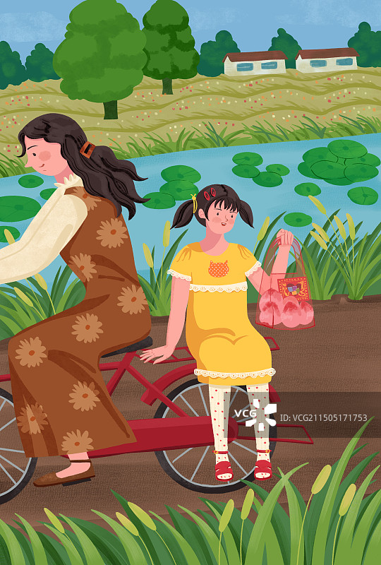 女孩坐在妈妈自行车后座图片素材