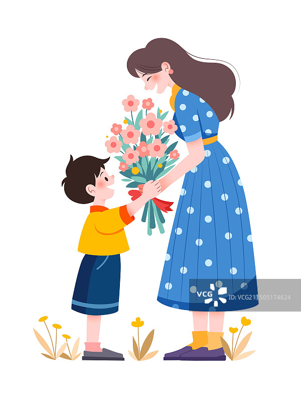 扁平风矢量插画男孩给妈妈送花母亲节亲子素材图片素材