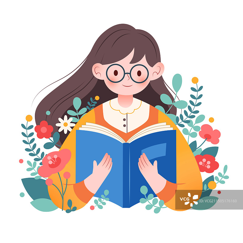 扁平风读书日花丛中看书阅读的戴眼镜女孩学生图书馆学习图片素材