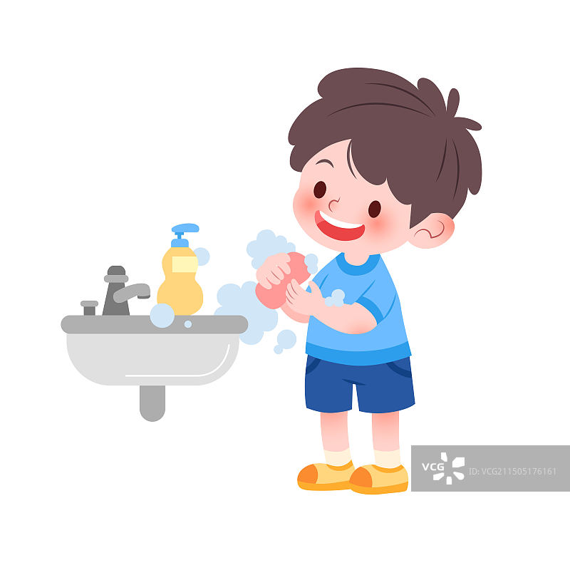 扁平风卫生健康香皂洗手的小男孩图片素材