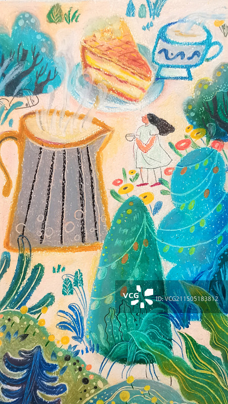 森林彩灯咖啡蛋糕概念手绘插画图片素材