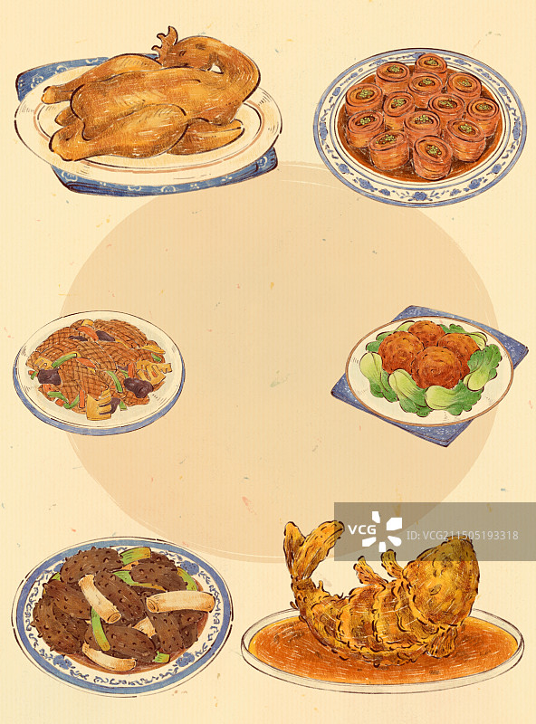 手绘山东特色美食鲁菜糖醋鲤鱼德州扒鸡四喜丸子插画图片素材
