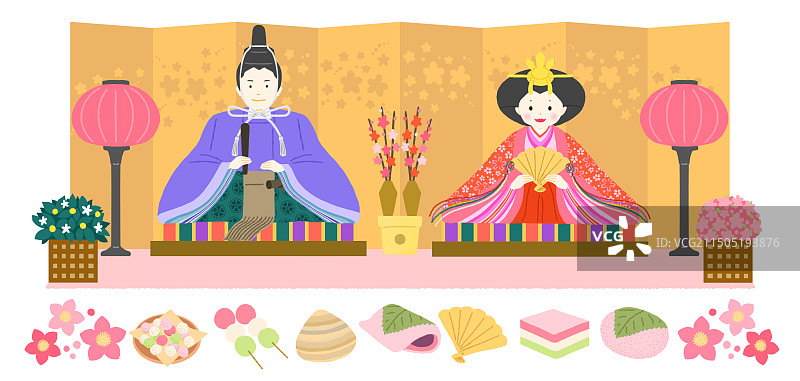 玩偶节剪贴画-内里大人、两位偶人和屏风及配饰的插画艺术图片素材