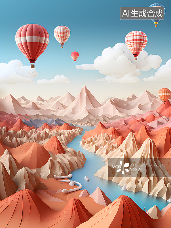 【AI数字艺术】天空白云山脉河流热气球3D卡通画风景图片素材