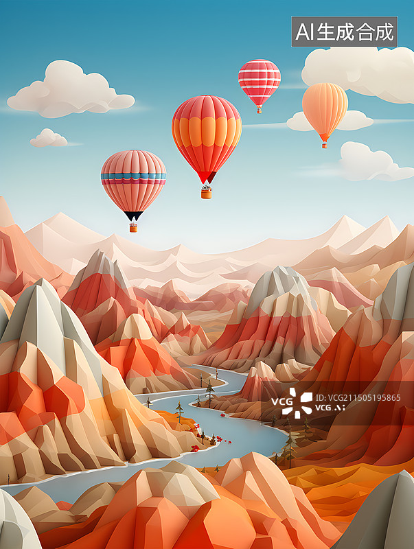 【AI数字艺术】天空白云山脉河流热气球3D卡通画风景图片素材
