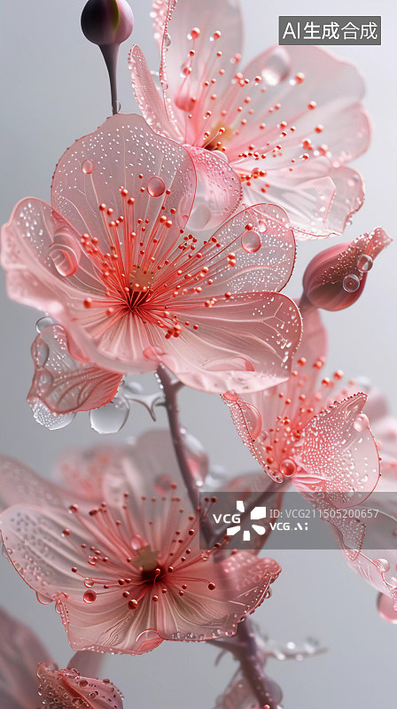 【AI数字艺术】透明花瓣的桃花特写镜头图片素材