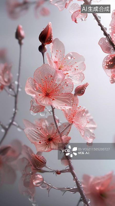 【AI数字艺术】透明花瓣的桃花特写镜头图片素材