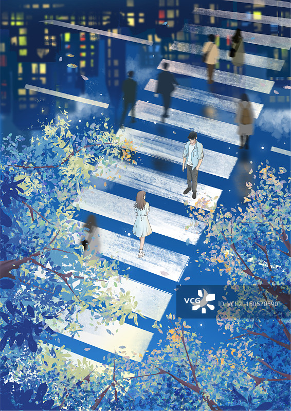 夜晚斑马线上相遇的男生女生图片素材