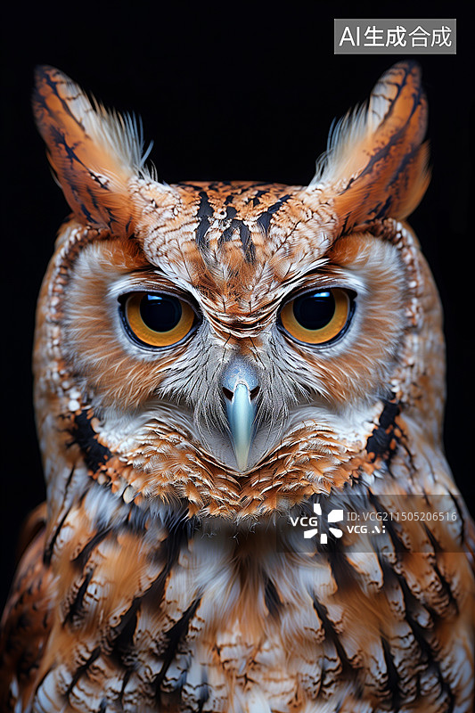 【AI数字艺术】黑色背景中的猫头鹰肖像图片素材