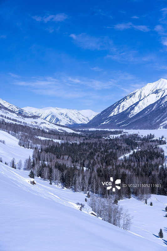 冬季的中国新疆伊犁阿勒泰布尔津喀纳斯景区禾木村雪景，禾木桥、禾木援疆桥、禾木美丽峰、喀纳斯景区、洪巴图片素材