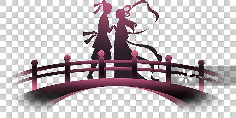 黑粉渐变高级剪影牛郎织女鹊桥相会图片素材