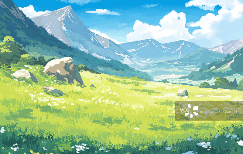 清新治愈山川草地天空蓝天白云背景绿色风景插画壁纸内页封面水彩手绘图片素材