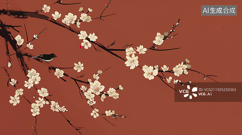 【AI数字艺术】宫殿红色梅花喜鹊鸟工笔画图片素材