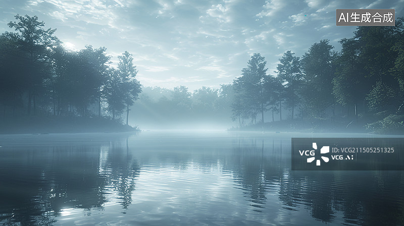【AI数字艺术】北方针叶林里的湖面早上有水汽图片素材