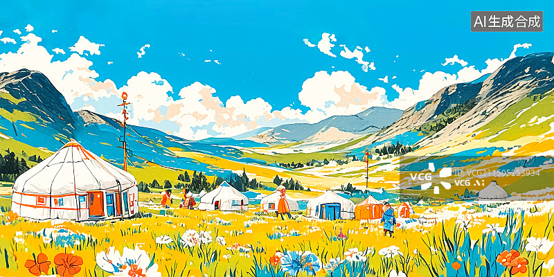 【AI数字艺术】大草原上的蒙古包，彩色丙烯马克笔针管笔手绘风格，钢笔淡彩风格，自然风景速写插画，版画印刷风格图片素材