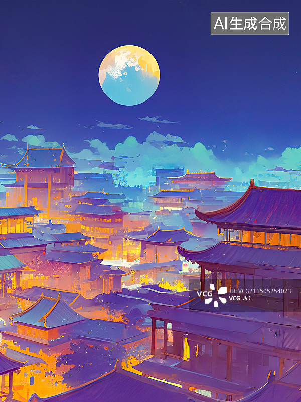 【AI数字艺术】中秋节，夜晚的古建筑，明月当空，空中楼阁，大唐不夜城插画图片素材