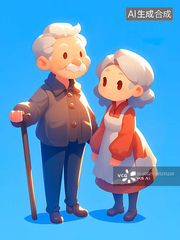 【AI数字艺术】一对老年夫妇的插画，拄着拐杖的老爷爷和穿裙子的老奶奶，传统节日回家看望老人图片素材