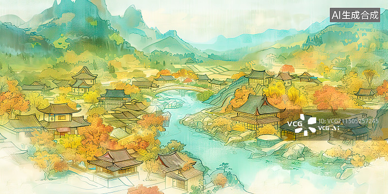 【AI数字艺术】古代秋高气爽的田园风光，自然环境风景水彩插画图片素材