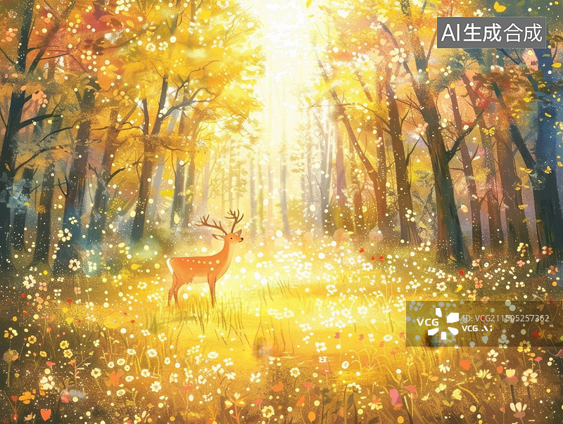 【AI数字艺术】秋天金黄色森林中的小鹿图片素材
