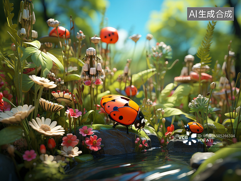 【AI数字艺术】瓢虫在绿叶上的特写镜头3D图片素材