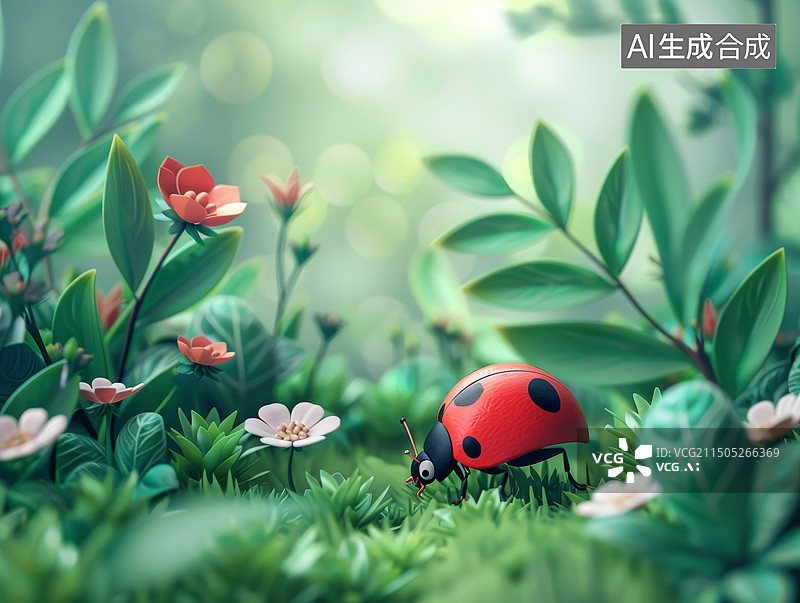 【AI数字艺术】瓢虫在绿叶上的特写镜头3D图片素材
