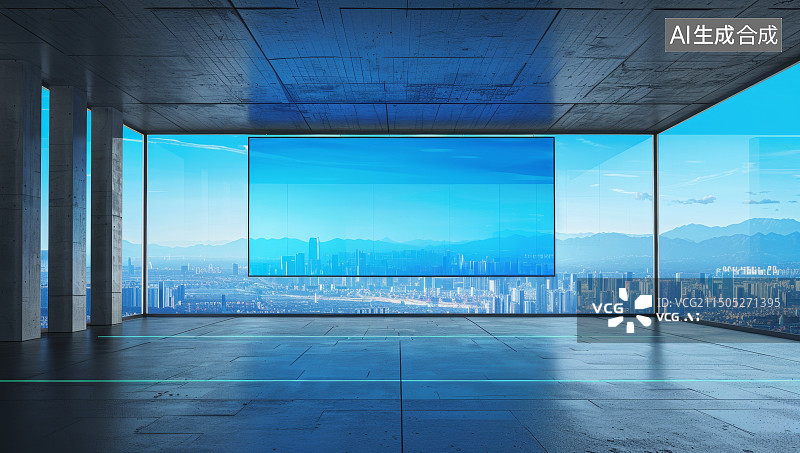 【AI数字艺术】空旷的办公楼和城市天际线图片素材