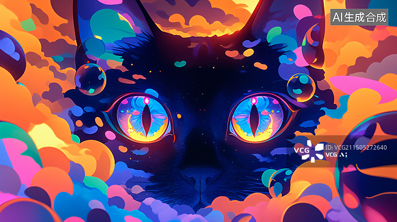 【AI数字艺术】一只猫在五颜六色的云层上的梦幻图案图片素材