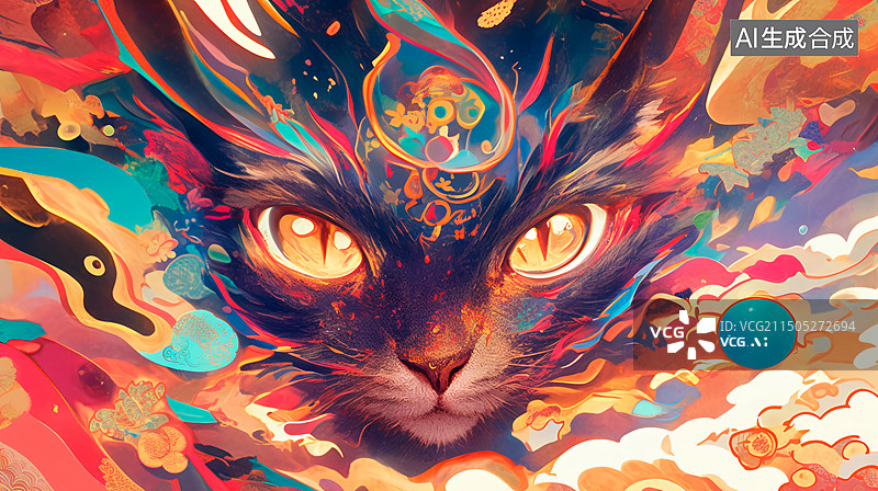 【AI数字艺术】一只猫在五颜六色的云层上的梦幻图案图片素材