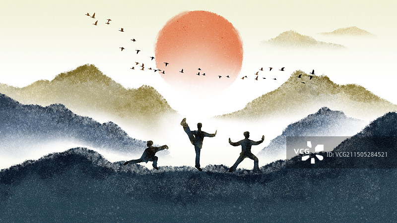 中国风水墨山水功夫武术太极拳系列插画，武术武林武侠传统文化传承，理疗保健传统中医养生健身锻炼。图片素材