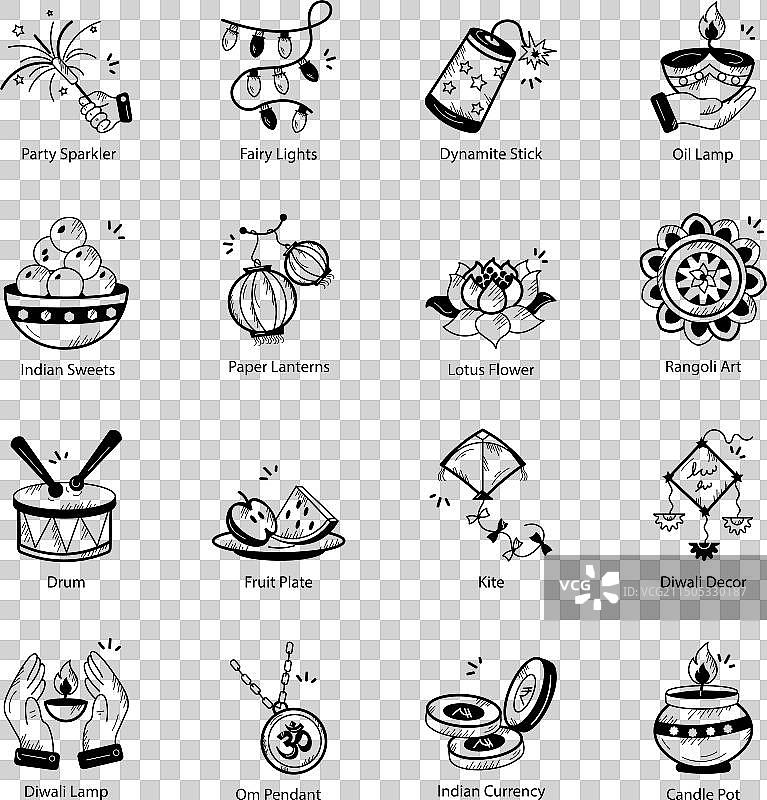 16个排灯节涂鸦图标合集图片素材