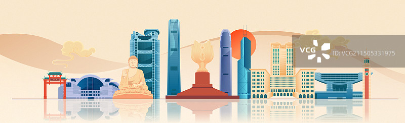 复古国风香港城市地标建筑矢量插画图片素材