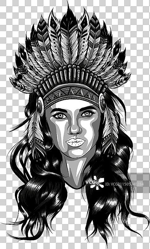 佩戴头饰的美洲原住民印第安酋长女性图片素材