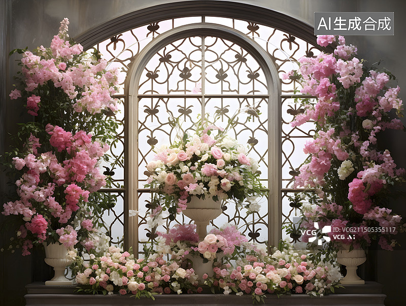 【AI数字艺术】窗户和粉红色的花图片素材