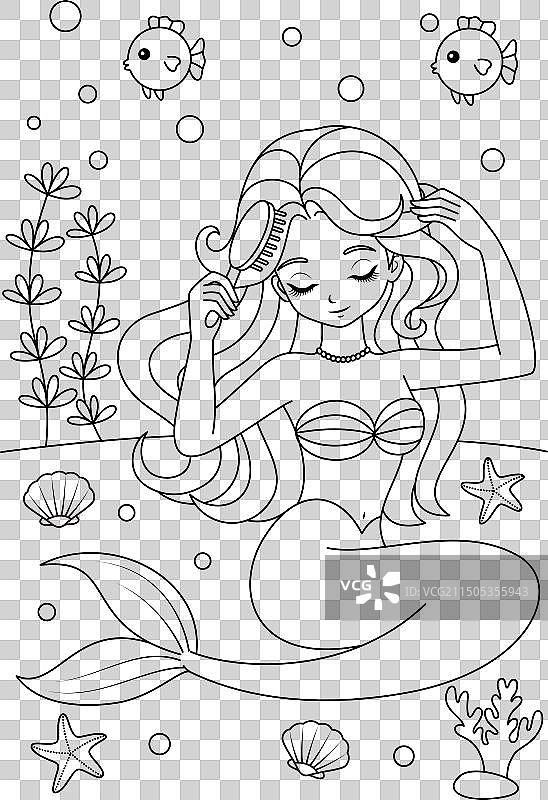 手绘可爱美人鱼公主刷牙图片素材