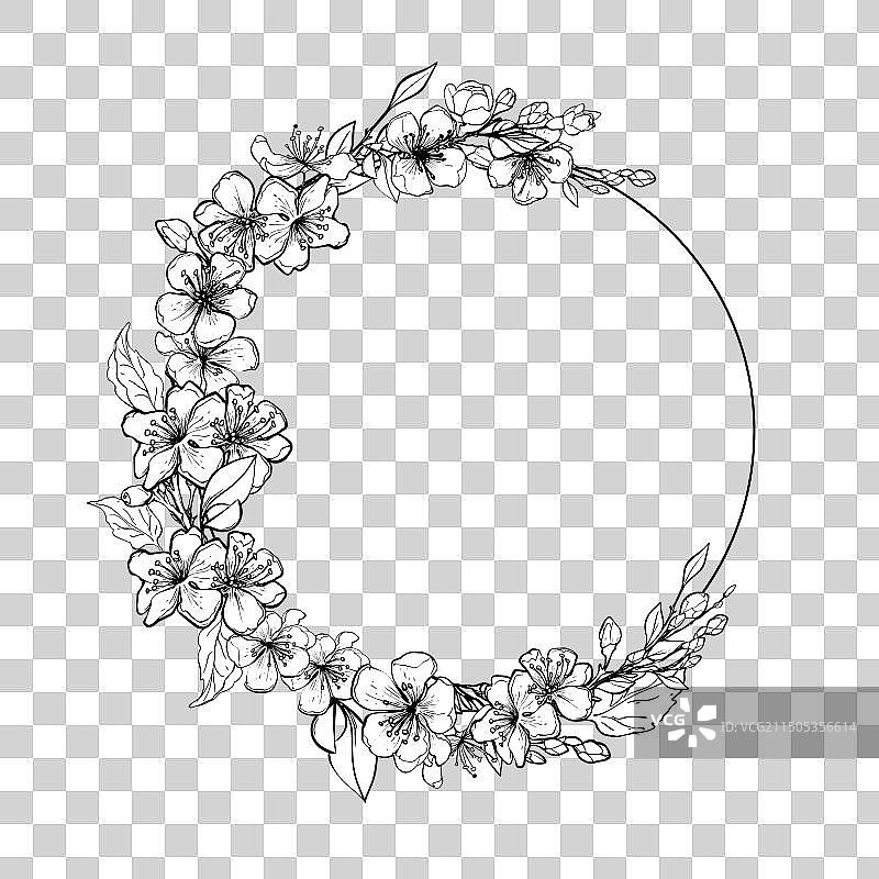 手绘苹果花花环圆形框架图片素材