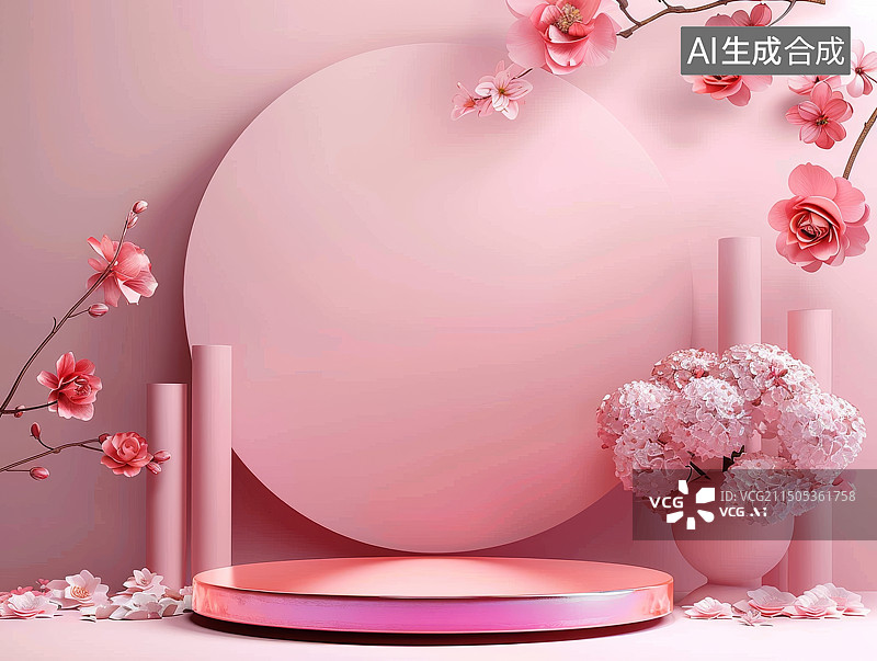 【AI数字艺术】粉色背景和花卉装饰的电商展台图片素材