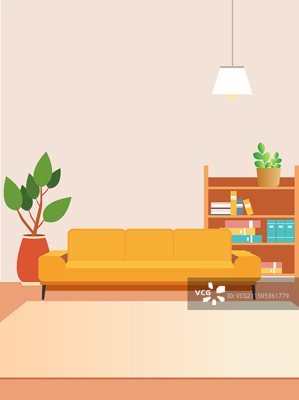 客厅内。舒适的沙发，书架和室内植物。矢量平面风格卡通插图。图片素材