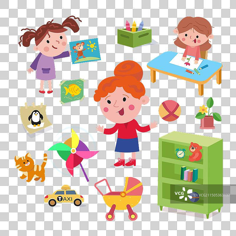 幼儿园里可爱的女孩和老师图片素材