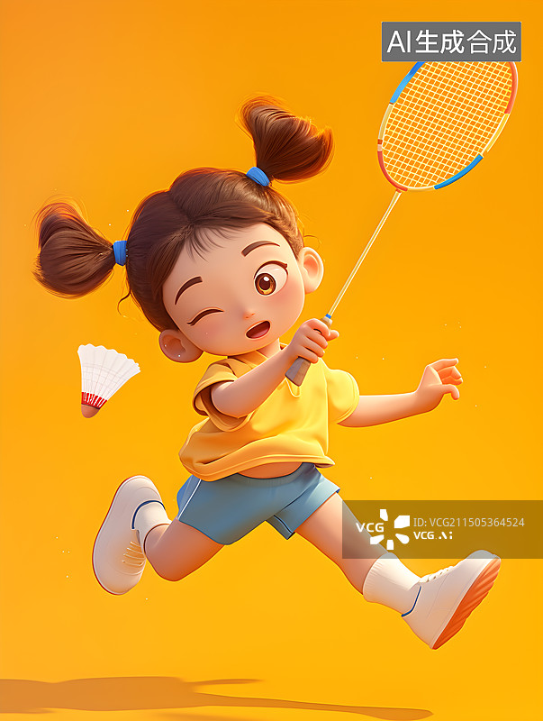 【AI数字艺术】打羽毛球卡通可爱女孩插画漫画图片素材