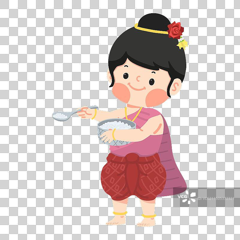 穿着泰国服装提供食物的女孩图片素材