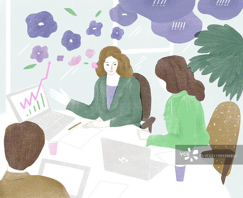 会议中口若悬河夸夸其讲解的女员工手绘插画图片素材