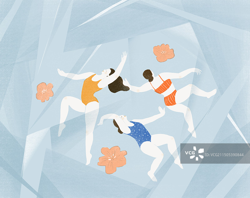 冰封的少女游泳和鲜花插画图片素材