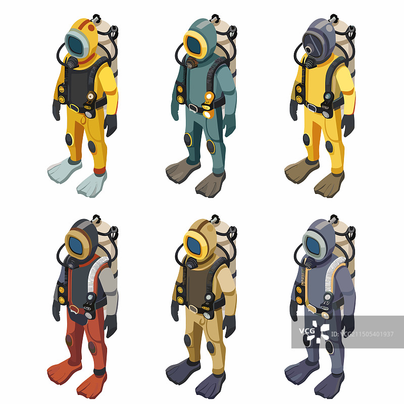 六个不同的深海潜水员角色图片素材